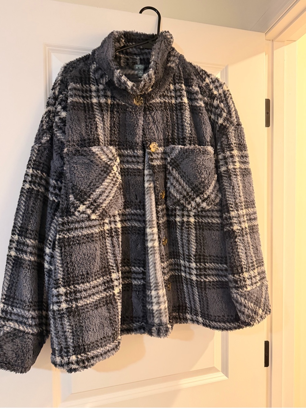 Terra & Sky Gray and Black Plaid Teddy Shacket